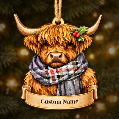 Personalized Clan Lockwood Tartan Highland Cow Ornament with Custom Name – Scottish Christmas Tree Decoration