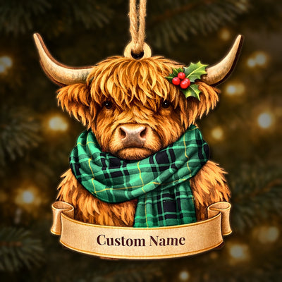 Personalized Clan MacArthur Ancient Tartan Highland Cow Ornament with Custom Name – Scottish Christmas Tree Decoration