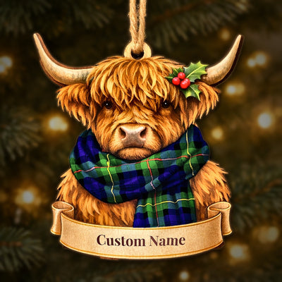 Personalized Clan MacEwen Modern Tartan Highland Cow Ornament with Custom Name – Scottish Christmas Tree Decoration