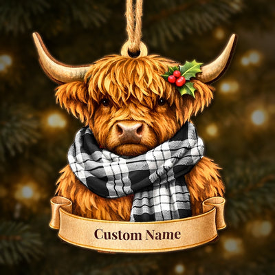 Personalized Clan MacFarlane Black & White Ancient Tartan Highland Cow Ornament with Custom Name – Scottish Christmas Tree Decoration