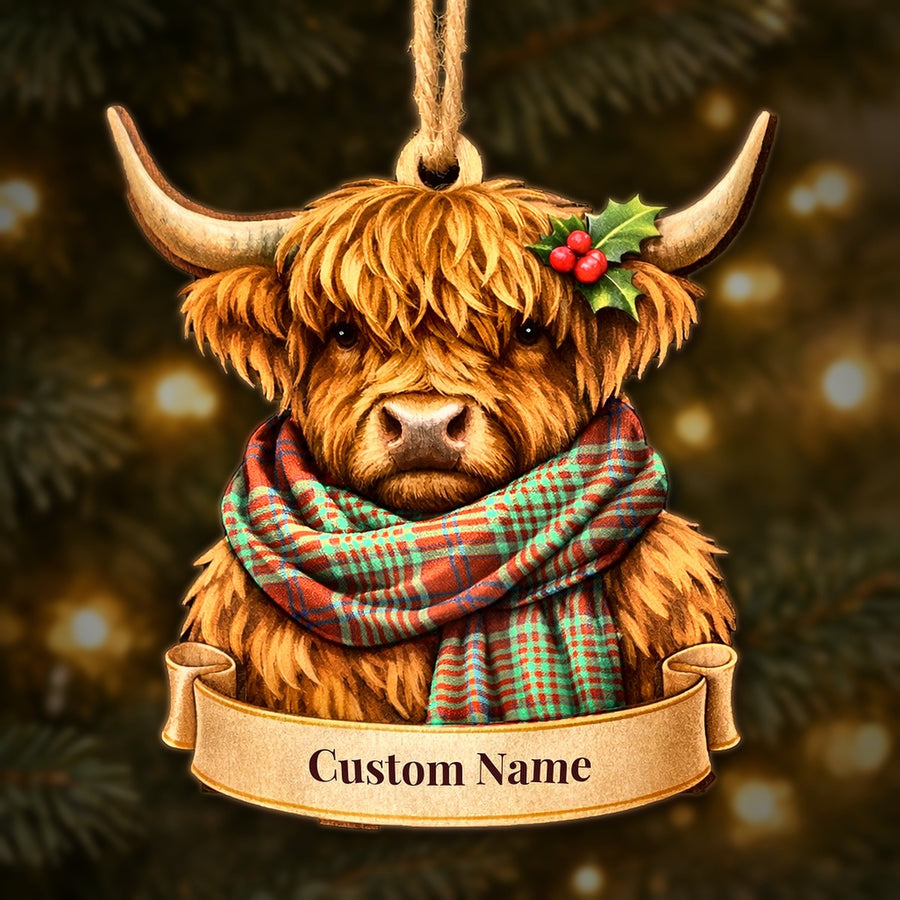 Wooden Highland cow Christmas ornament wearing a MacGillivray Hunting Ancient tartan scarf, with a ribbon banner for a custom name