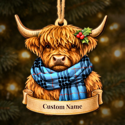 Personalized Clan MacKay Blue Tartan Highland Cow Ornament with Custom Name – Scottish Christmas Tree Decoration
