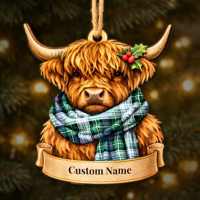 Personalized Clan MacKenzie Dress Ancient Tartan Highland Cow Ornament with Custom Name – Scottish Christmas Tree Decoration