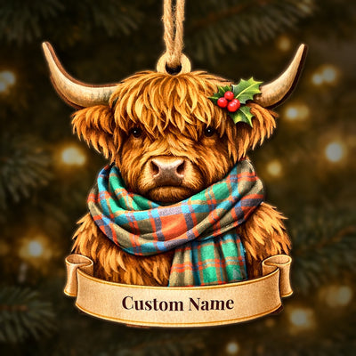 Personalized Clan MacKintosh Ancient Tartan Highland Cow Ornament with Custom Name – Scottish Christmas Tree Decoration