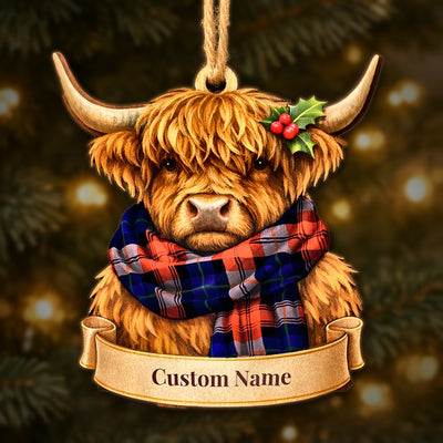 Personalized Clan MacLachlan Modern Tartan Highland Cow Ornament with Custom Name – Scottish Christmas Tree Decoration