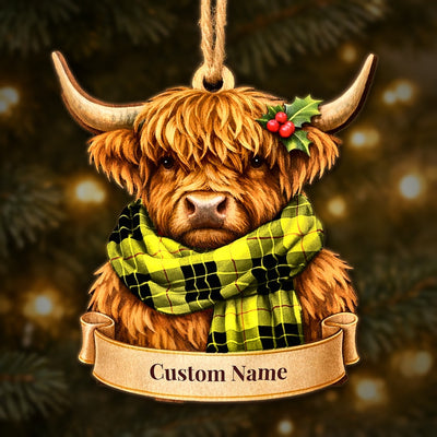 Personalized Clan MacLeod of Lewis Modern Tartan Highland Cow Ornament with Custom Name – Scottish Christmas Tree Decoration