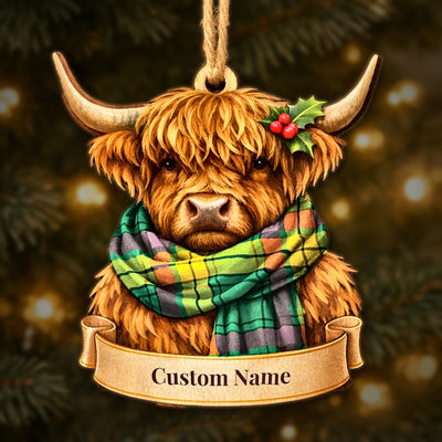 Personalized Clan MacMillan Old Ancient Tartan Highland Cow Ornament with Custom Name – Scottish Christmas Tree Decoration