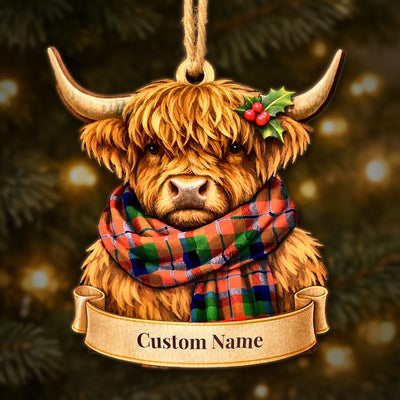 Personalized Clan MacNaughton Modern Tartan Highland Cow Ornament with Custom Name – Scottish Christmas Tree Decoration