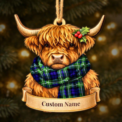 Personalized Clan MacNeil (of Colonsay) Tartan Highland Cow Ornament with Custom Name – Scottish Christmas Tree Decoration