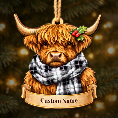 Personalized Clan MacPherson Hunting Modern Tartan Highland Cow Ornament with Custom Name – Scottish Christmas Tree Decoration