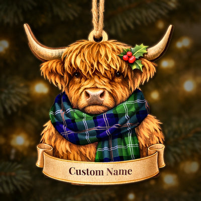 Personalized Clan MacThomas Modern Tartan Highland Cow Ornament with Custom Name – Scottish Christmas Tree Decoration
