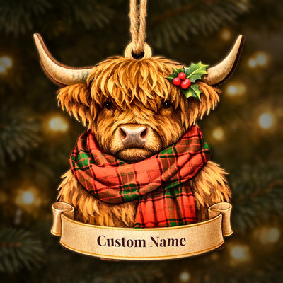Personalized Clan Maxwell Modern Tartan Highland Cow Ornament with Custom Name – Scottish Christmas Tree Decoration