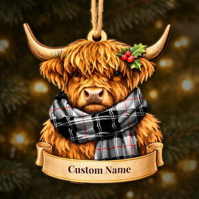 Personalized Clan Moffat Modern Tartan Highland Cow Ornament with Custom Name – Scottish Christmas Tree Decoration
