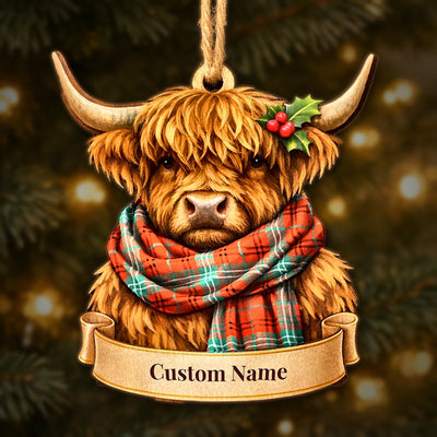 Personalized Clan Morrison Red Ancient Tartan Highland Cow Ornament with Custom Name – Scottish Christmas Tree Decoration