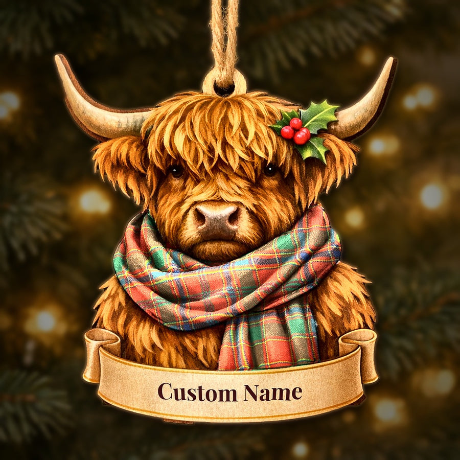 Wooden Highland cow Christmas ornament wearing a Munro Ancient tartan scarf, with a ribbon banner for a custom name