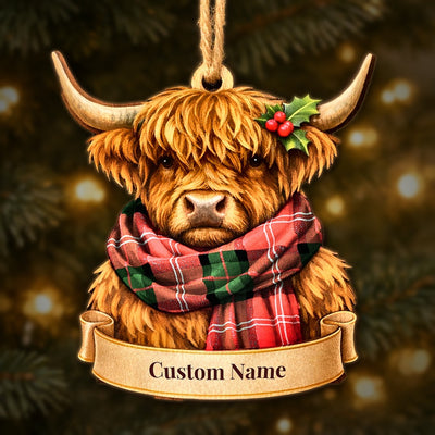 Personalized Clan Nesbitt Modern Tartan Highland Cow Ornament with Custom Name – Scottish Christmas Tree Decoration