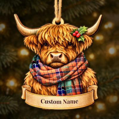 Personalized Clan Nicolson Ancient Tartan Highland Cow Ornament with Custom Name – Scottish Christmas Tree Decoration