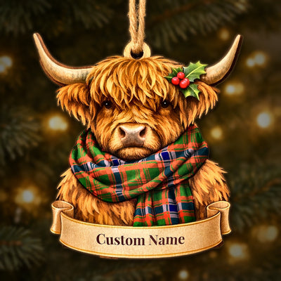 Personalized Clan Nithsdale District Tartan Highland Cow Ornament with Custom Name – Scottish Christmas Tree Decoration