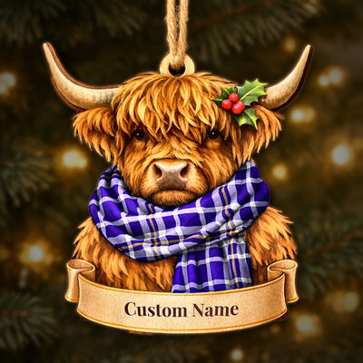 Personalized Clan Ochterlony Tartan Highland Cow Ornament with Custom Name – Scottish Christmas Tree Decoration
