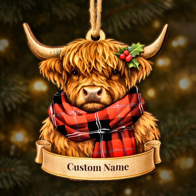 Personalized Clan Ramsay Modern Tartan Highland Cow Ornament with Custom Name – Scottish Christmas Tree Decoration
