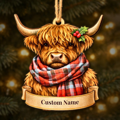 Personalized Clan Robertson Weathered Tartan Highland Cow Ornament with Custom Name – Scottish Christmas Tree Decoration