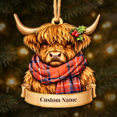 Personalized Clan Rose Tartan Highland Cow Ornament with Custom Name – Scottish Christmas Tree Decoration