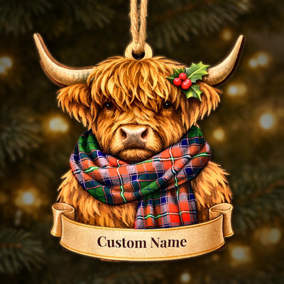 Personalized Clan Roxburgh District Tartan Highland Cow Ornament with Custom Name – Scottish Christmas Tree Decoration