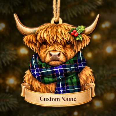 Personalized Clan Russell Modern Tartan Highland Cow Ornament with Custom Name – Scottish Christmas Tree Decoration