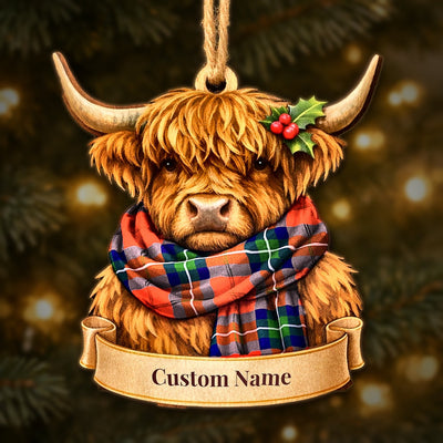 Personalized Clan Ruthven Modern Tartan Highland Cow Ornament with Custom Name – Scottish Christmas Tree Decoration