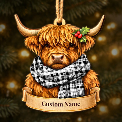 Personalized Clan Scott Black & White Modern Tartan Highland Cow Ornament with Custom Name – Scottish Christmas Tree Decoration