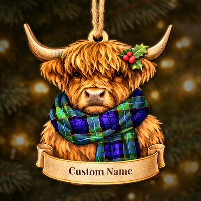Personalized Clan Sempill Modern Tartan Highland Cow Ornament with Custom Name – Scottish Christmas Tree Decoration