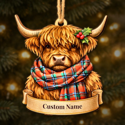 Personalized Clan Sinclair Ancient Tartan Highland Cow Ornament with Custom Name – Scottish Christmas Tree Decoration