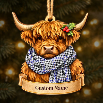 Personalized Clan Sir Walter Scott Tartan Highland Cow Ornament with Custom Name – Scottish Christmas Tree Decoration