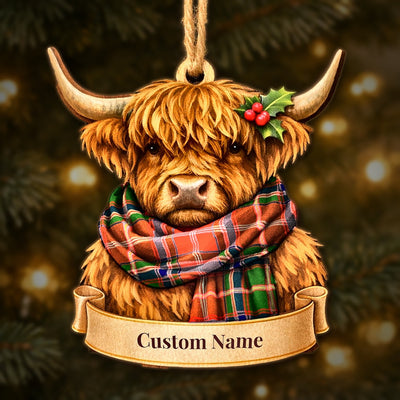 Personalized Clan Somerville Modern Tartan Highland Cow Ornament with Custom Name – Scottish Christmas Tree Decoration