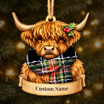 Personalized Clan Stewart Black Tartan Highland Cow Ornament with Custom Name – Scottish Christmas Tree Decoration