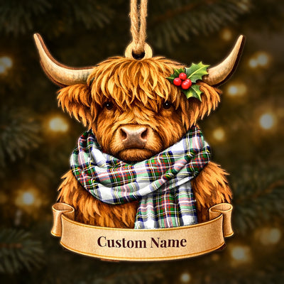 Personalized Clan Stewart Dress Modern Tartan Highland Cow Ornament with Custom Name – Scottish Christmas Tree Decoration