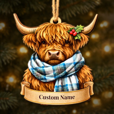 Personalized Clan Stewart Muted Blue Tartan Highland Cow Ornament with Custom Name – Scottish Christmas Tree Decoration