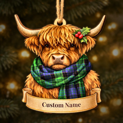Personalized Clan Stewart Old Modern Tartan Highland Cow Ornament with Custom Name – Scottish Christmas Tree Decoration