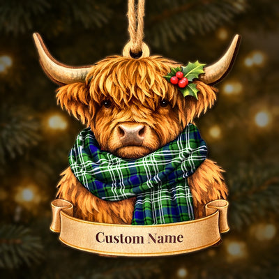 Personalized Clan Swinton (Tweedside) Tartan Highland Cow Ornament with Custom Name – Scottish Christmas Tree Decoration