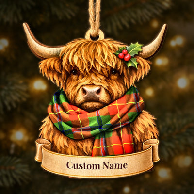Personalized Clan Turnbull Dress Tartan Highland Cow Ornament with Custom Name – Scottish Christmas Tree Decoration