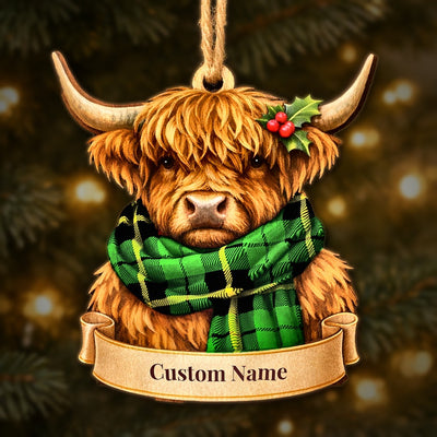 Personalized Clan Wallace Hunting Green Tartan Highland Cow Ornament with Custom Name – Scottish Christmas Tree Decoration
