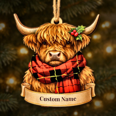 Personalized Clan Wallace Hunting Red Tartan Highland Cow Ornament with Custom Name – Scottish Christmas Tree Decoration