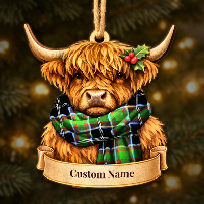 Personalized Clan Webster Tartan Highland Cow Ornament with Custom Name – Scottish Christmas Tree Decoration