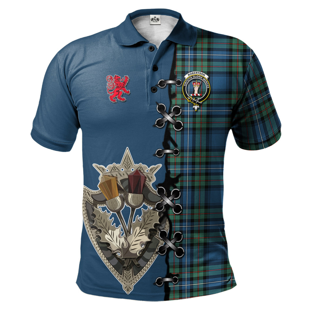 Clan Robertson Hunting Ancient Tartan Polo Shirt - Lion Rampant And Celtic Thistle Style BB85 Robertson Hunting Ancient Tartan Tartan Polo   