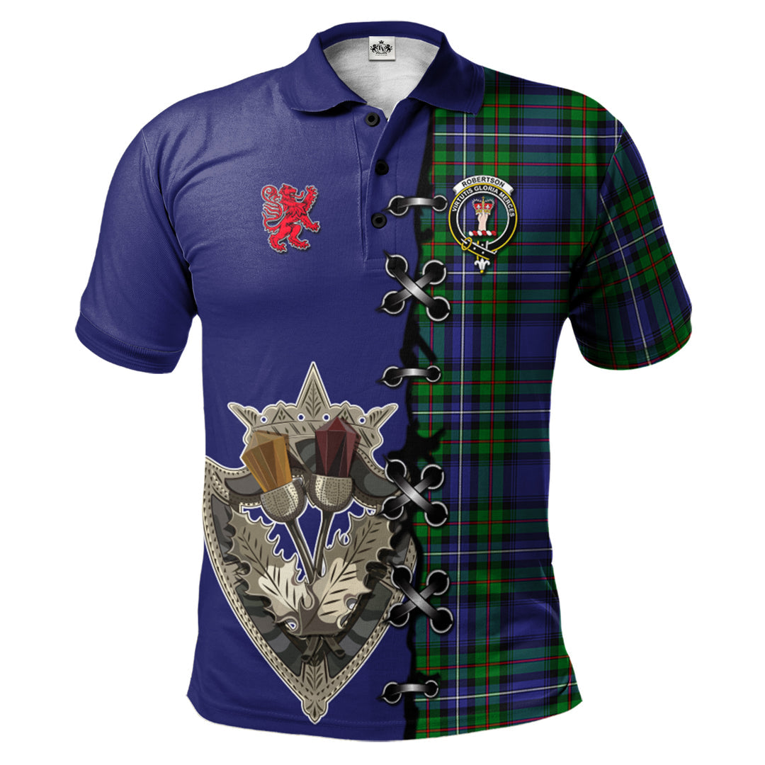 Clan Robertson Hunting Modern Tartan Polo Shirt - Lion Rampant And Celtic Thistle Style ZX64 Robertson Hunting Modern Tartan Tartan Polo   