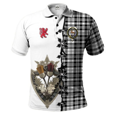 Clan Scott Black White Tartan Polo Shirt - Lion Rampant And Celtic Thistle Style