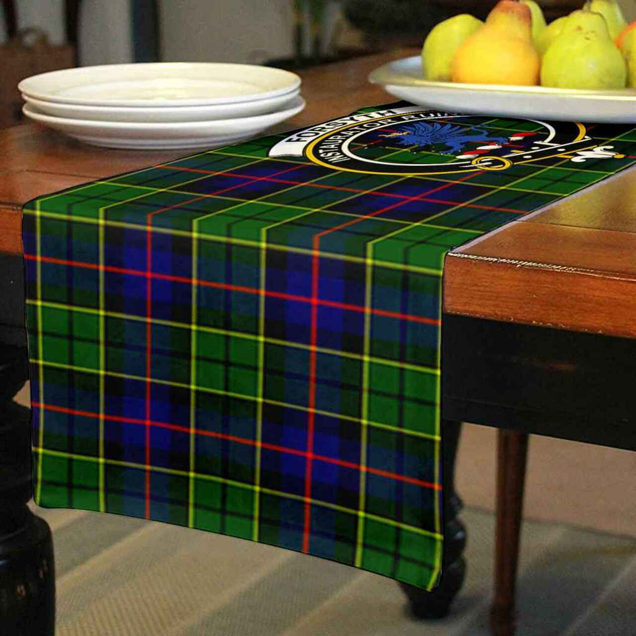 Clan Forsyth Tartan Crest Table Runner Cotton PG84 Forsyth Tartan Tartan Table Runner   
