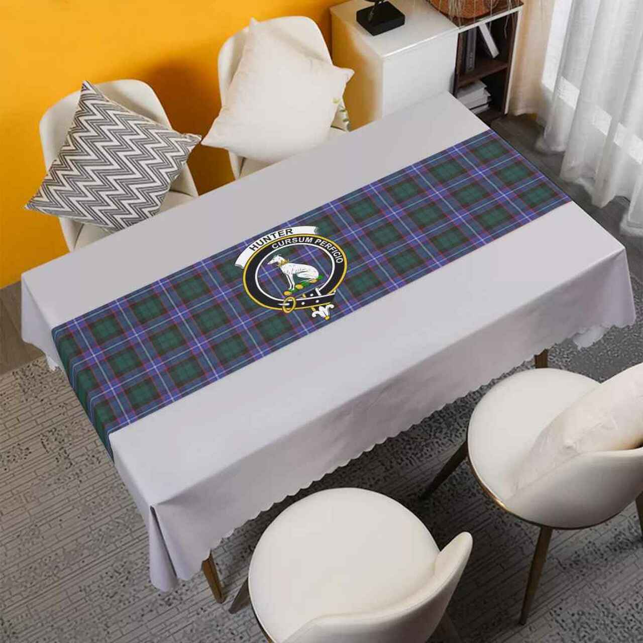 Clan Hunter Tartan Crest Table Runner Cotton XO12 Hunter Tartan Tartan Table Runner   