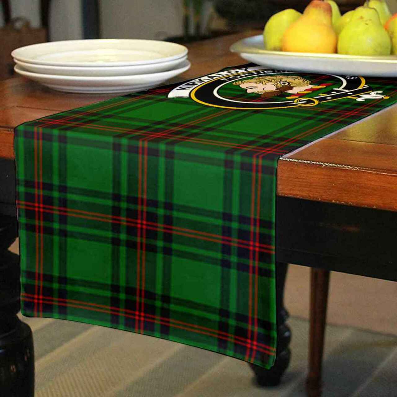 Clan Kirkaldy Tartan Crest Table Runner Cotton IW63 Kirkaldy Tartan Tartan Table Runner   