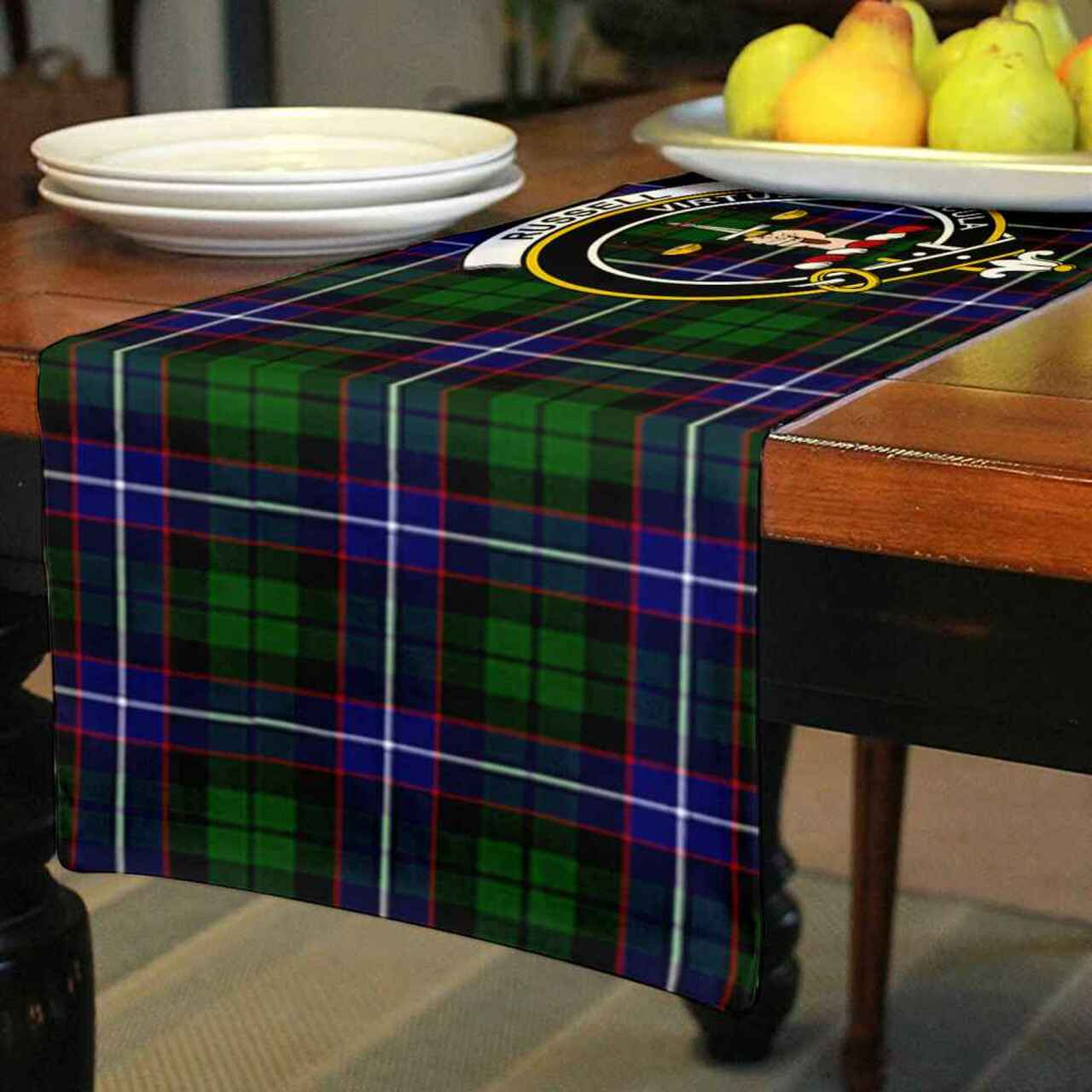 Clan Russell Tartan Crest Table Runner Cotton DK99 Russell Tartan Tartan Table Runner   